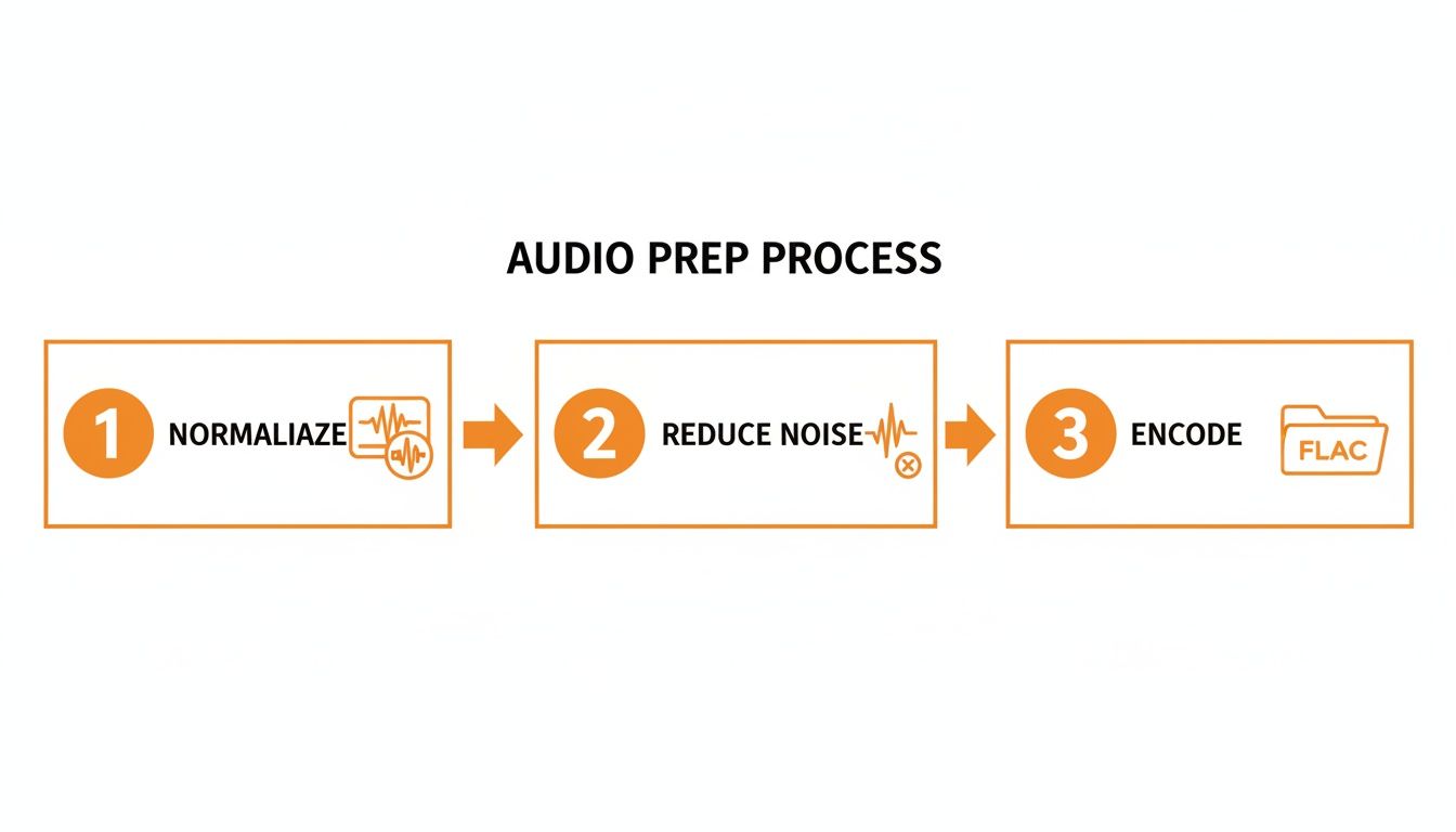 Diagram showing audio preparation steps: normalize, reduce noise, and encode to FLAC format.