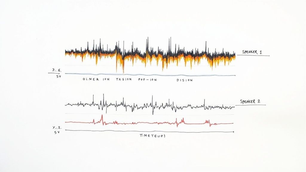 Illustration of speaker diarization showing different speakers labeled in a transcript