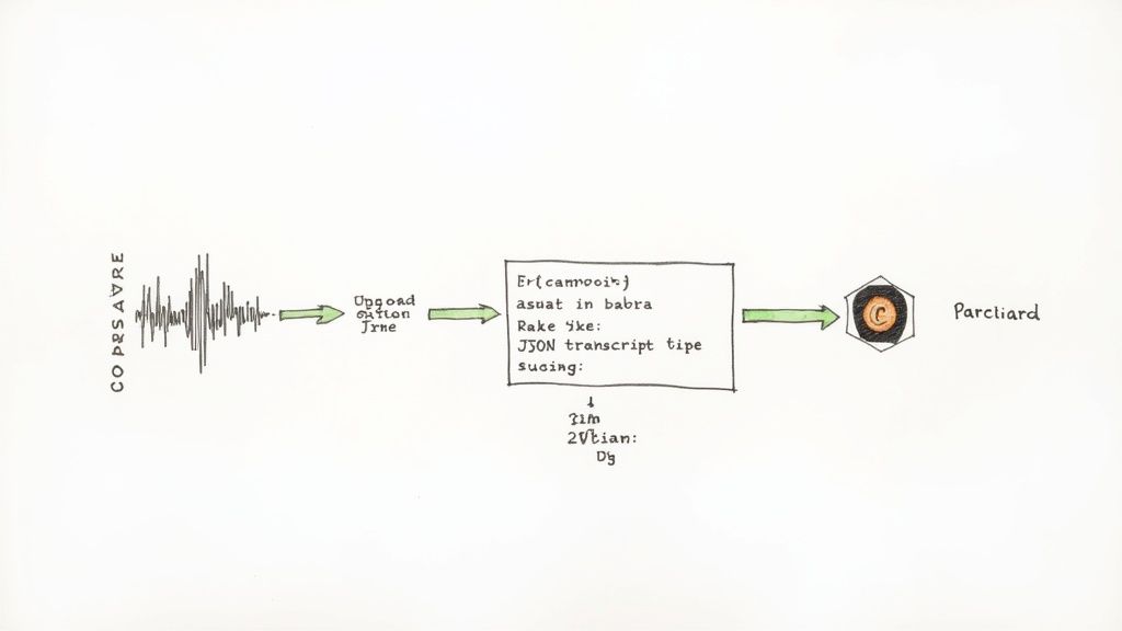 A diagram showing the process of converting an audio waveform into a JSON transcript and final output.