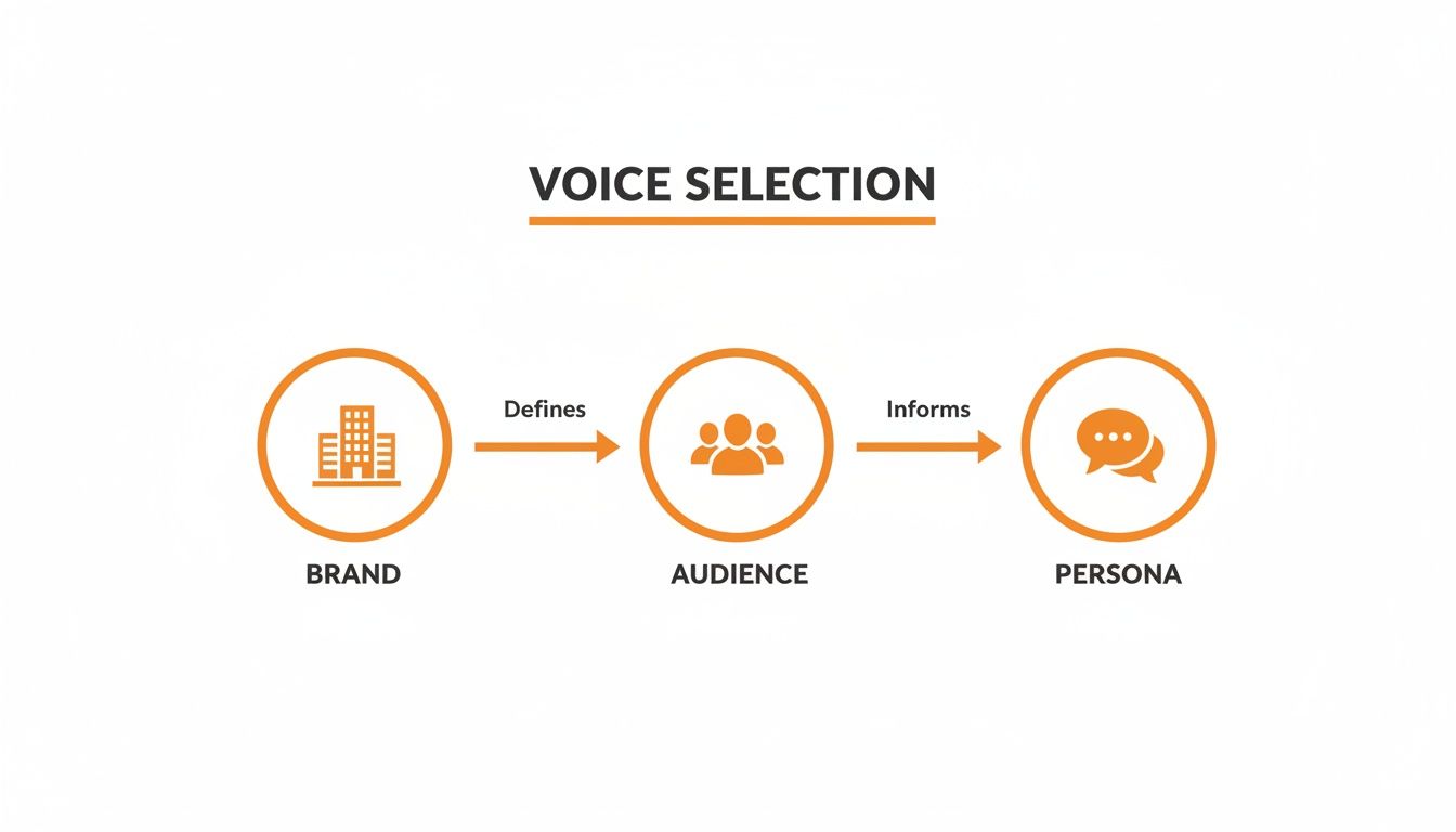 Flowchart illustrating the voice selection process: Brand defines Audience, which informs Persona.