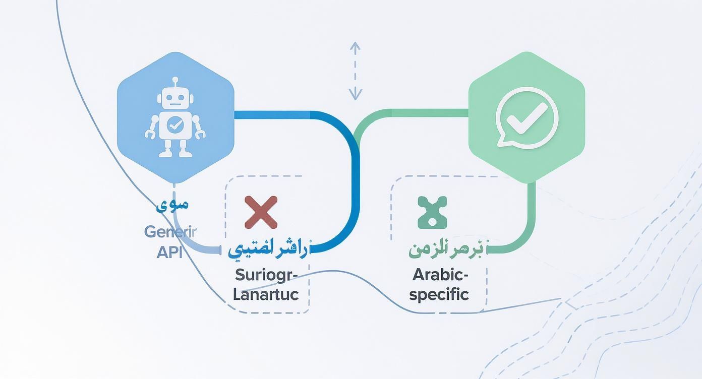 Diagram illustrating a text-to-Arabic speech process, showing a generic API failing versus an Arabic-specific solution succeeding.