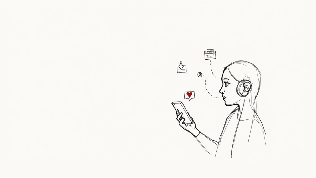 A person speaking into their iPhone to use the voice to text feature.