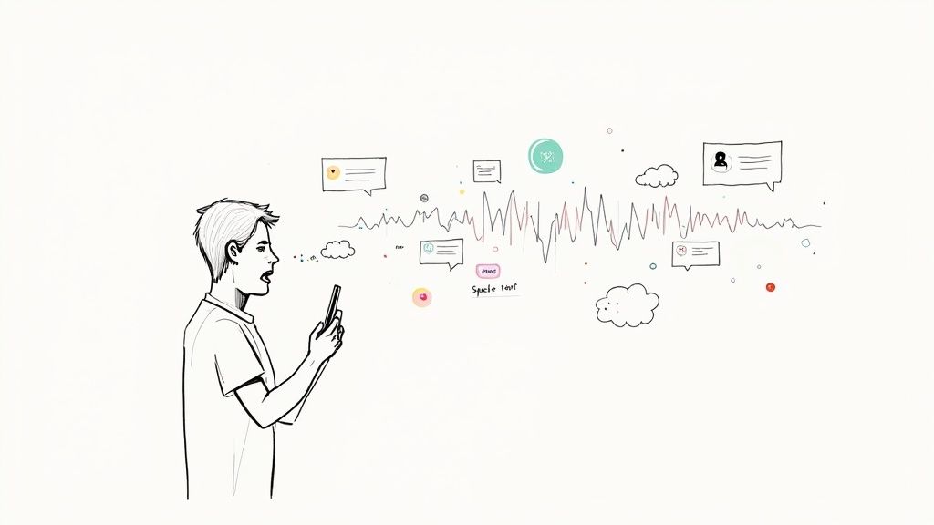 A black and white line drawing illustrates a man speaking into a smartphone with a sound wave and chat bubbles.