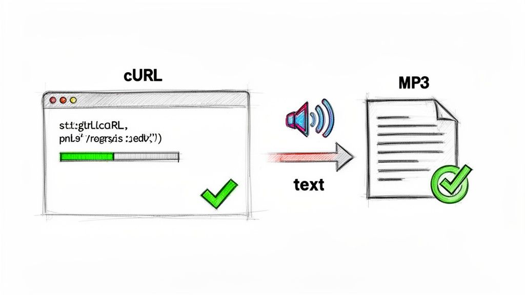 Diagram shows a successful cURL operation converting input text into an MP3 audio file.