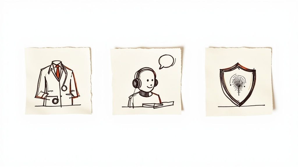 Three hand-drawn sticky notes depict a doctor's coat, a person with headphones, and a shield with a fingerprint.