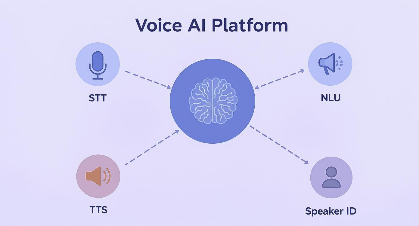 Diagram illustrating a Voice AI Platform with Speech-to-Text, Natural Language Understanding, Text-to-Speech, and Speaker ID components.