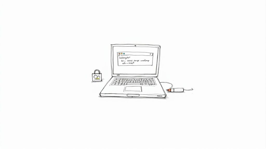 A hand-drawn sketch features a laptop, a padlock with a pretzel, and a USB pen drive.