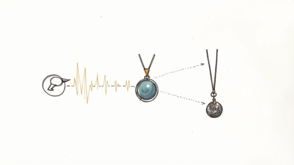 Illustration of sound waves or speech converting into a personalized pendant engraved with 'JUNG'.