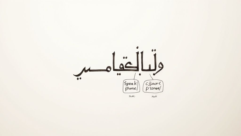 Hand-drawn Arabic script with English annotations for phonetic pronunciation, comparing speech synthesis methods.