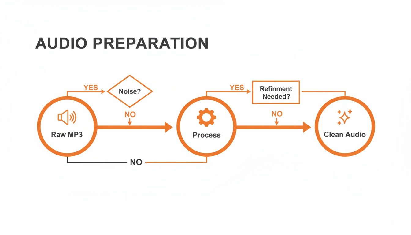 Flowchart illustrating the audio preparation process, from raw MP3 through processing to clean audio.