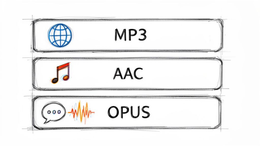 Icons and labels for MP3 (globe), AAC (music note), and Opus (speech/waveform) audio formats.