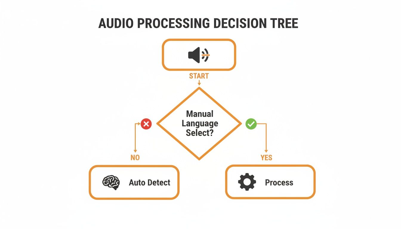 A clear flowchart illustrating an audio processing decision tree with options for manual language selection or auto-detection.