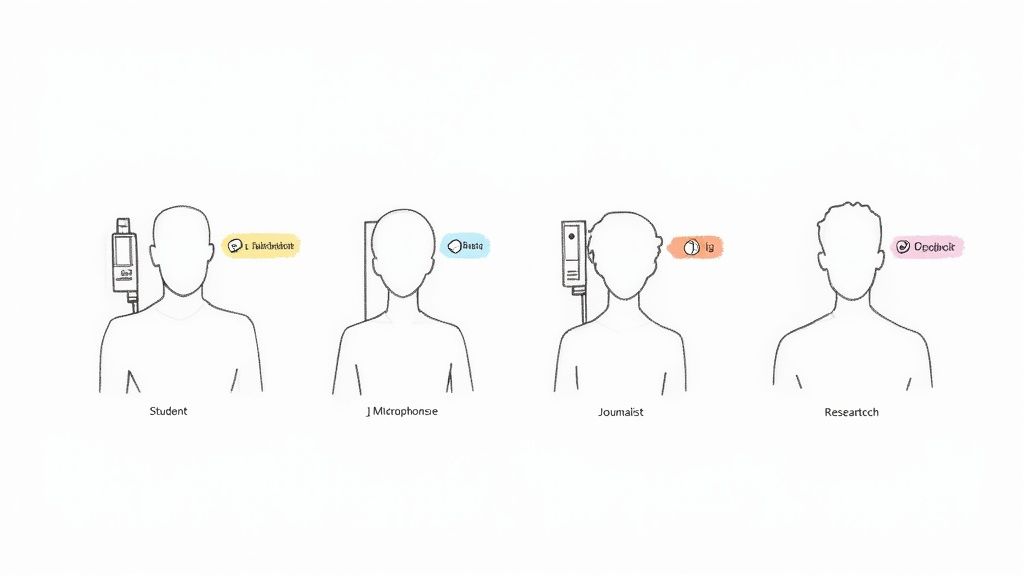 A person speaking into a professional voice recorder connected to a laptop showing audio waveforms.