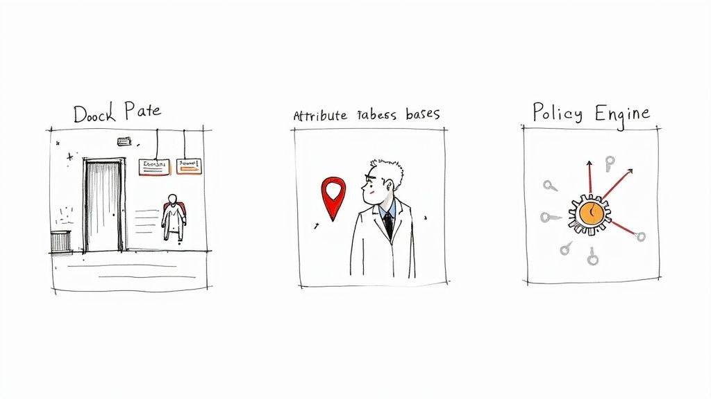 Illustration depicting access control components: an entry point, user attributes, and a policy engine.