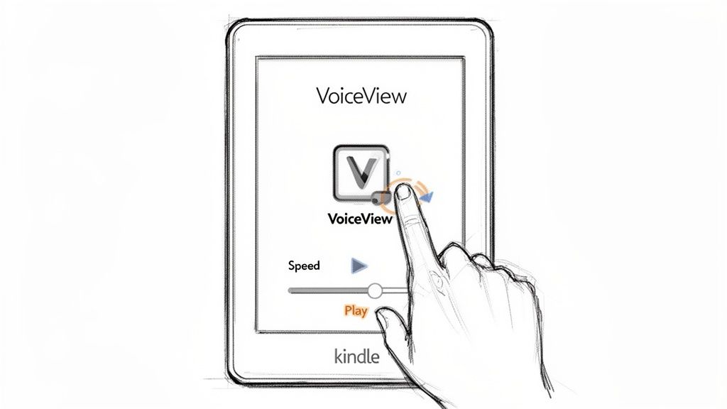 Sketch of a hand touching a Kindle e-reader screen showing VoiceView, speed, and play controls.