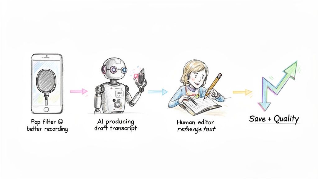 Workflow diagram showing audio recording with pop filter, AI transcription, human editing, resulting in improved quality and savings.