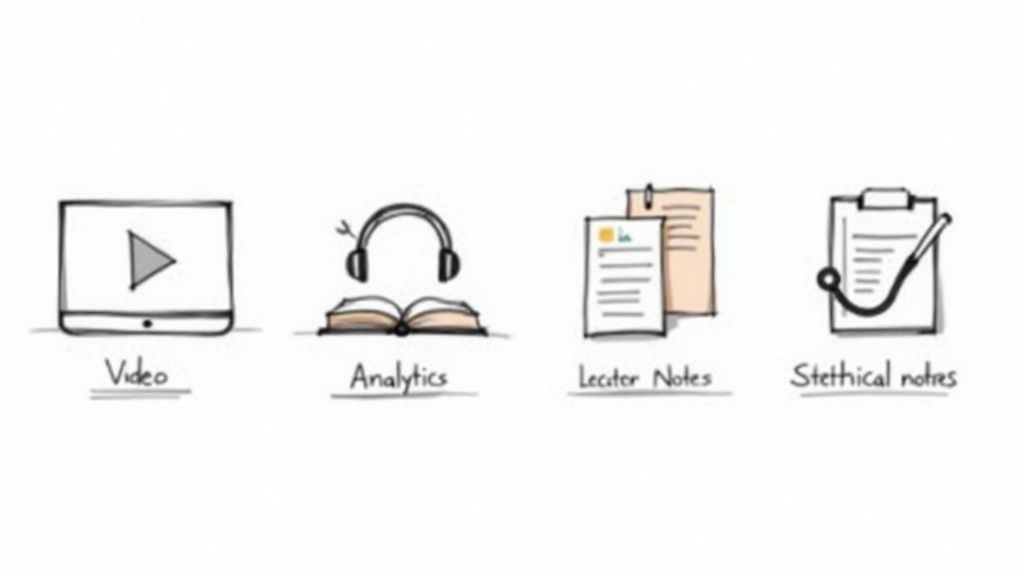 Four learning methods illustrated: video monitor, audiobook with headphones, lecture notes on clipboard, and stethoscope notes