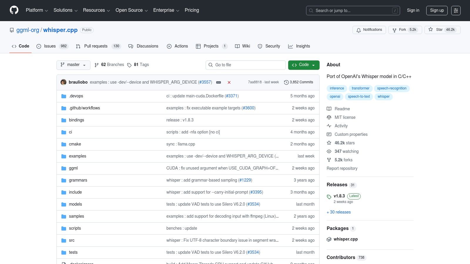 whisper.cpp (C/C++ port of Whisper)