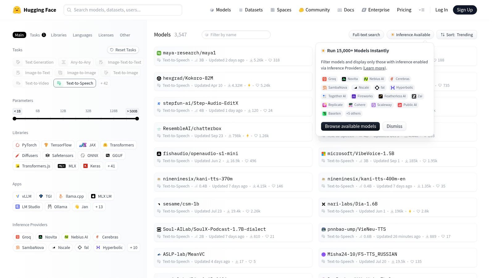 Hugging Face – Text‑to‑Speech Models Catalog