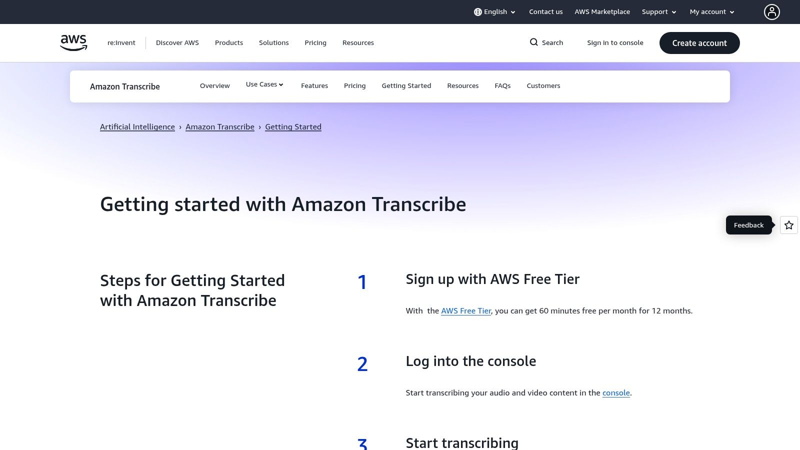 Amazon Transcribe (AWS Free Tier)