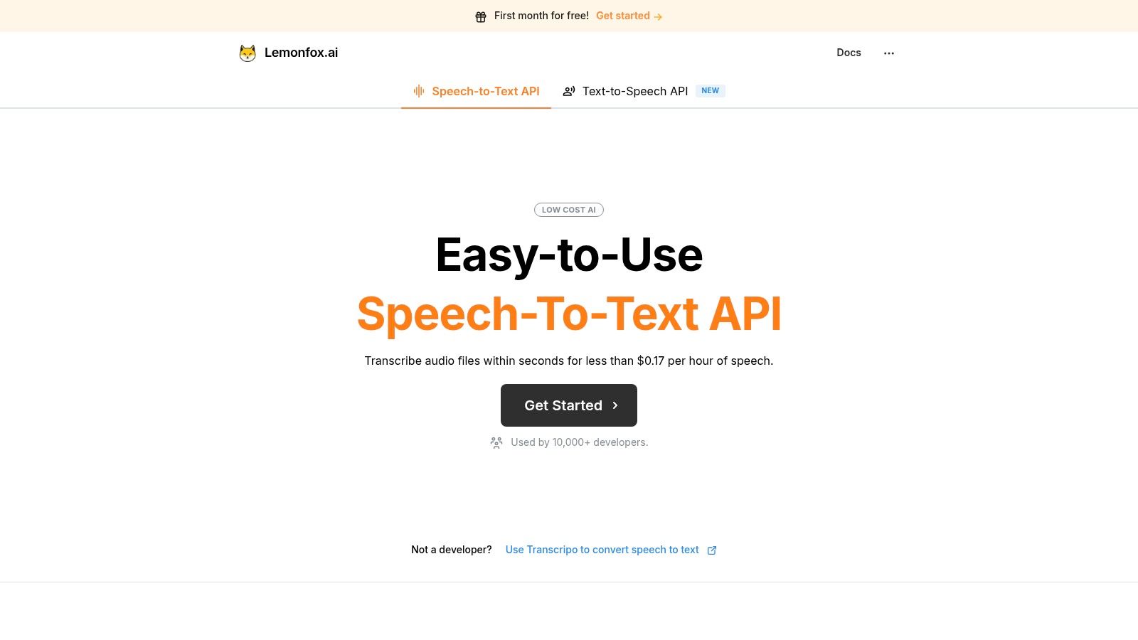 A screenshot of the Lemonfox.ai website, showcasing its modern interface and highlighting its speech-to-text and text-to-speech API services.