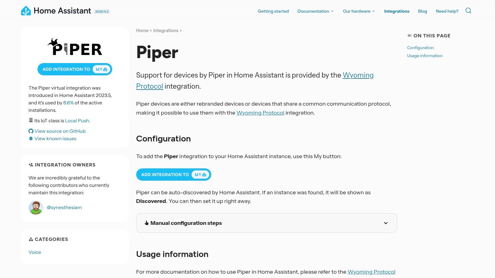 Home Assistant – Piper integration