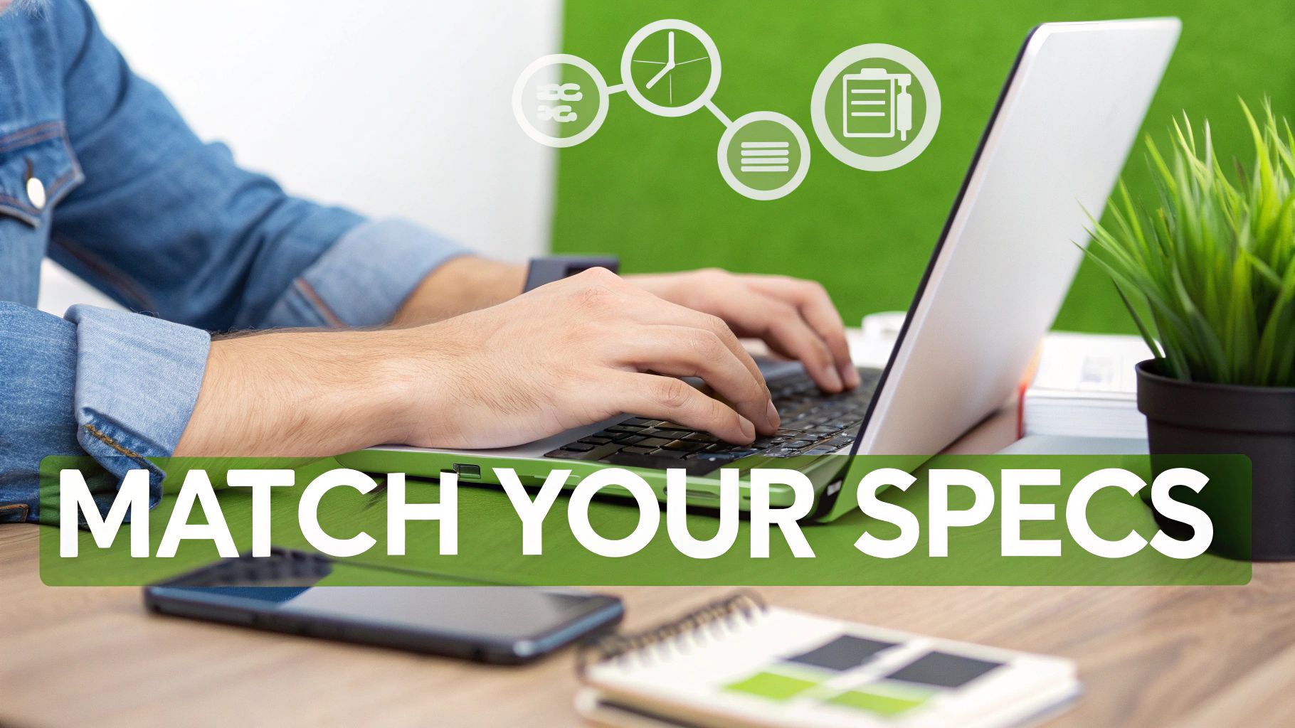 Person typing on a green laptop on a wooden desk with a phone and notebook, overlaid with 'MATCH YOUR SPECS' banner.