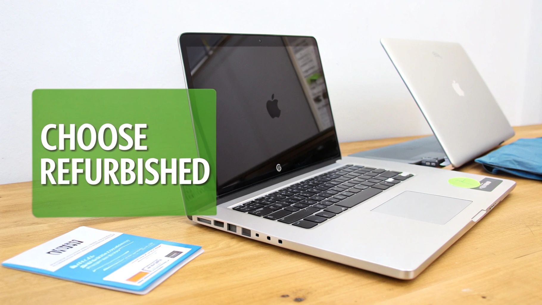 Two refurbished silver Apple laptops on a wooden desk with a prominent 'Choose Refurbished' sign.
