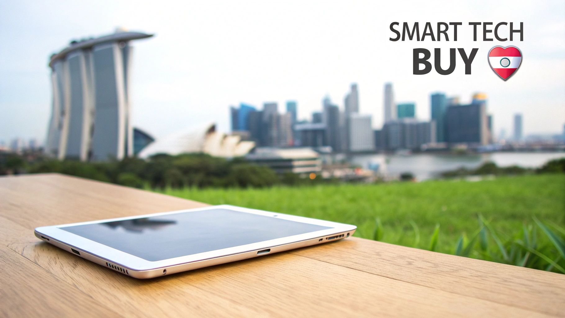 A silver tablet rests on a wooden table, overlooking Singapore's iconic skyline and green grass.