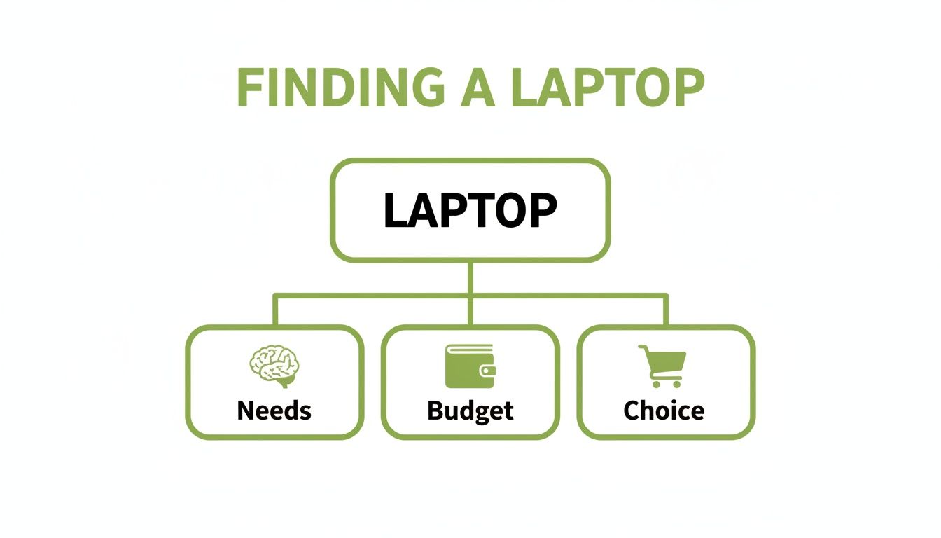 Flowchart showing the process of finding a laptop, considering needs, budget, and choice.