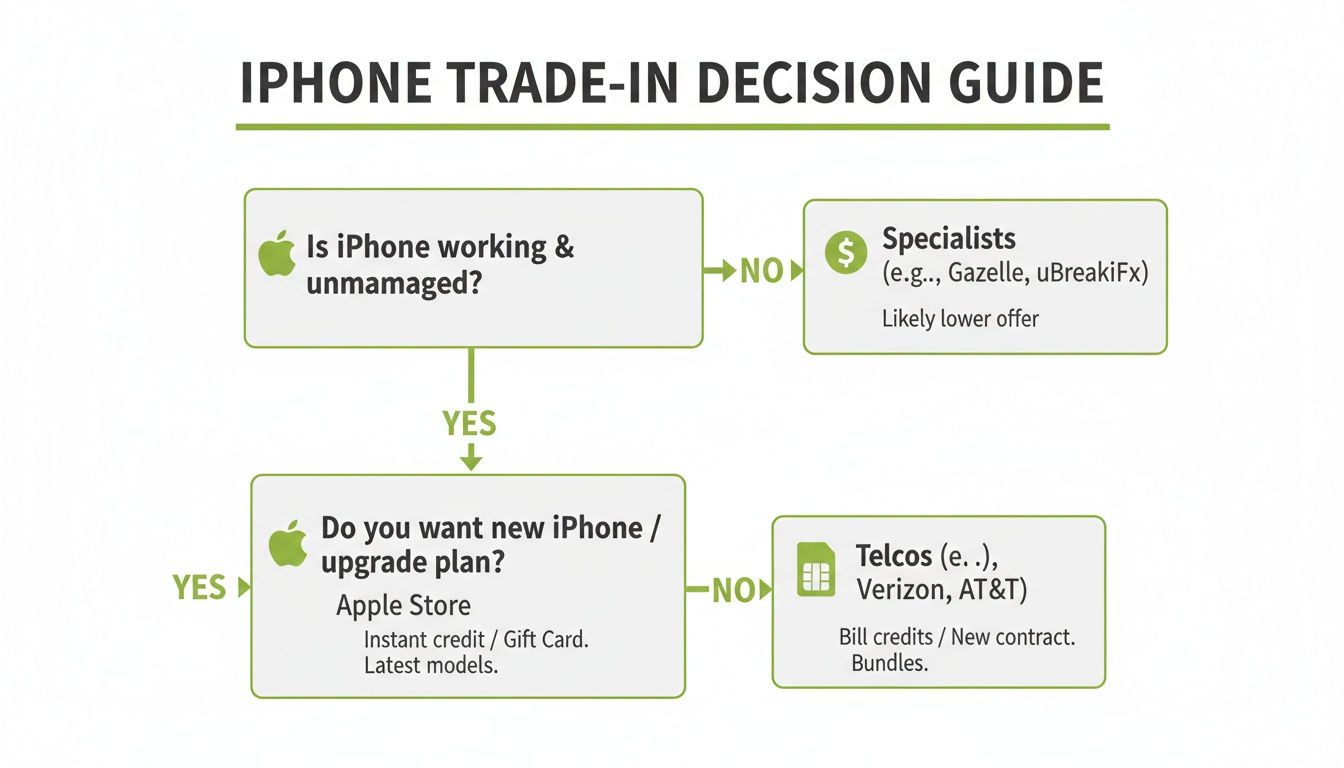 Flowchart guiding iPhone trade-in decisions based on device condition and upgrade needs, detailing options like Apple Store, Telcos, and specialists.