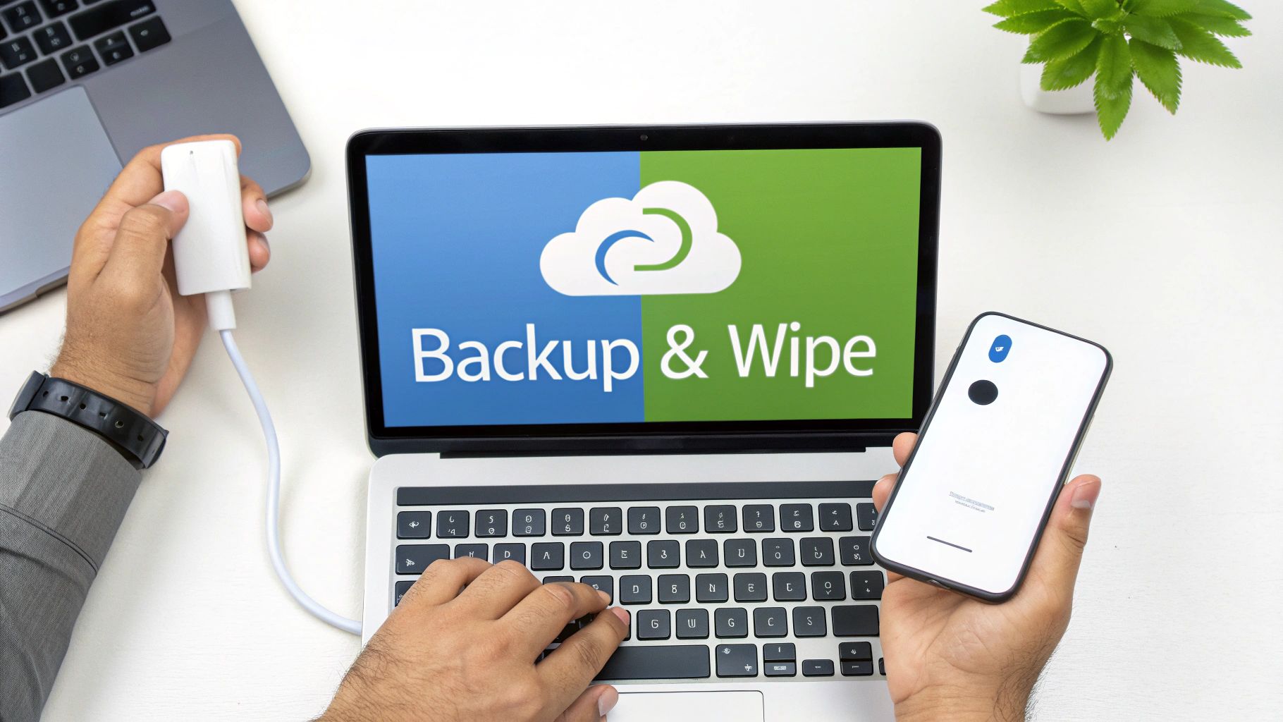 Person backing up a smartphone to a laptop with 'Backup & Wipe' displayed on screen.