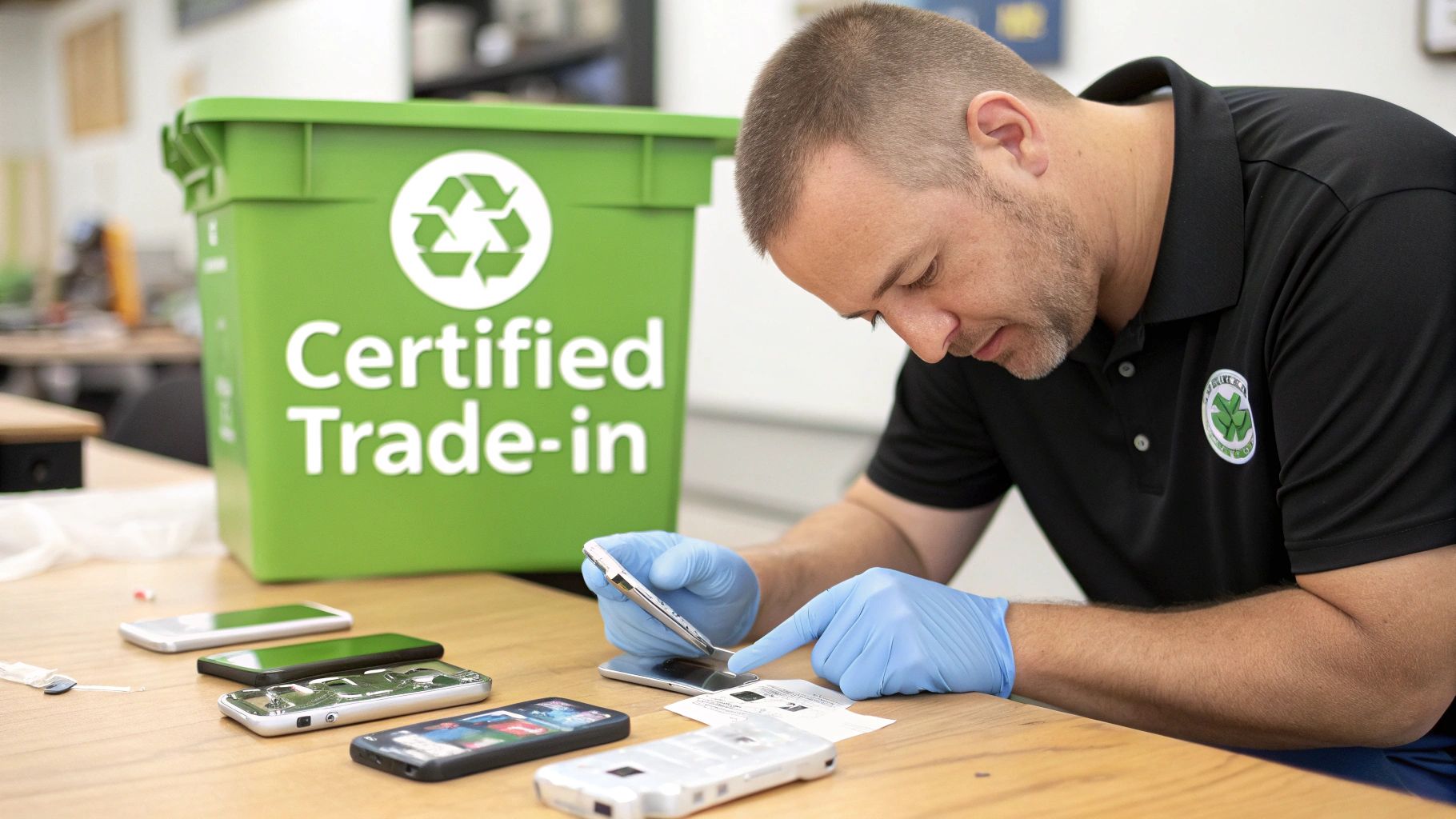 Technician in blue gloves inspects old mobile phones on a wooden table for trade-in.