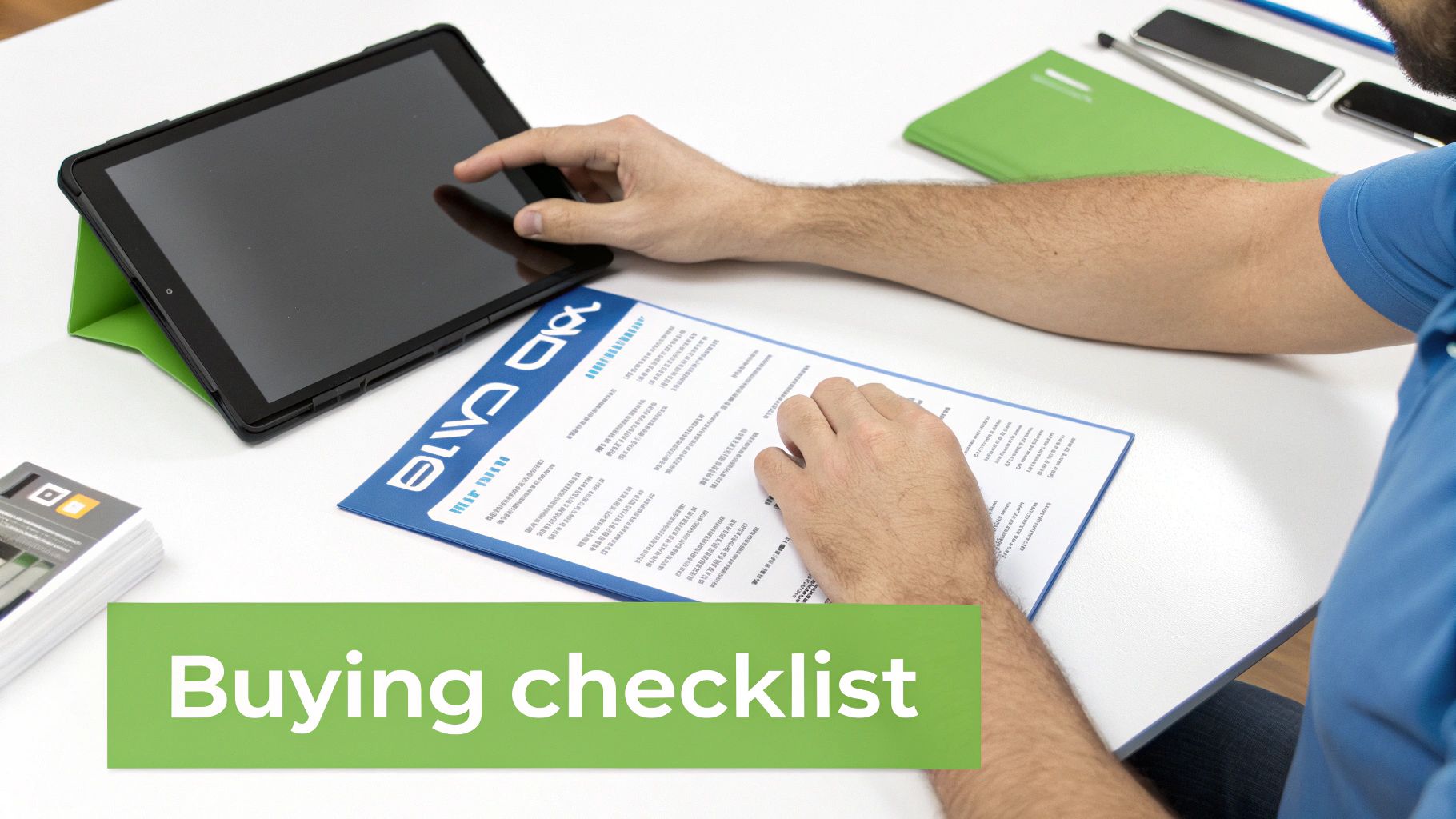 A man's hands interacting with a tablet on a green stand and holding a checklist document on a white desk.