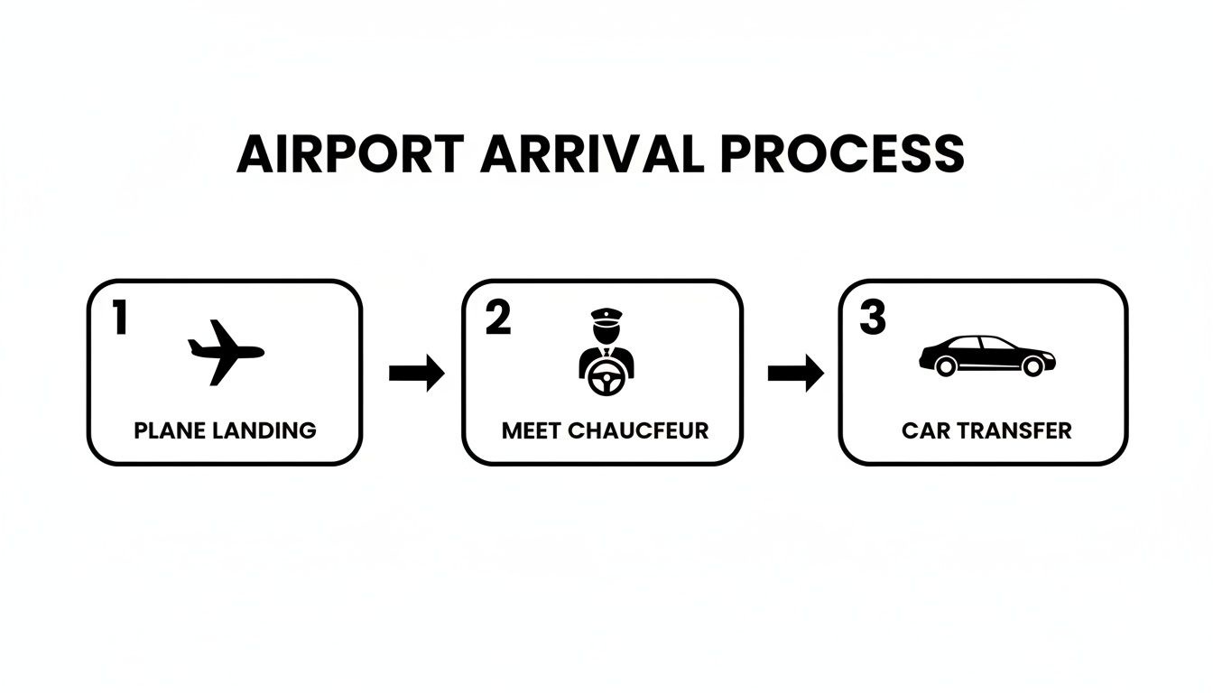 A flowchart illustrates the airport arrival process: plane landing, meet chauffeur, and car transfer.