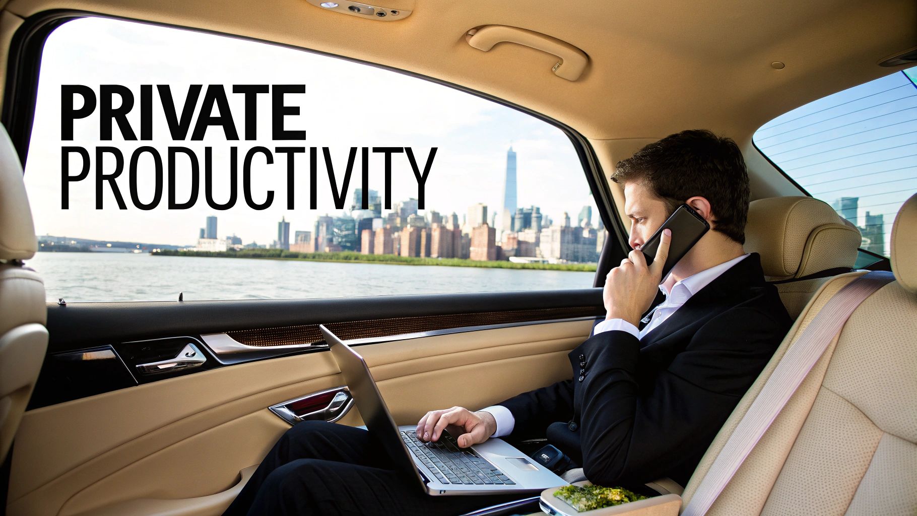 A businessman in a suit works on a laptop and talks on a phone in the back of a luxury car.
