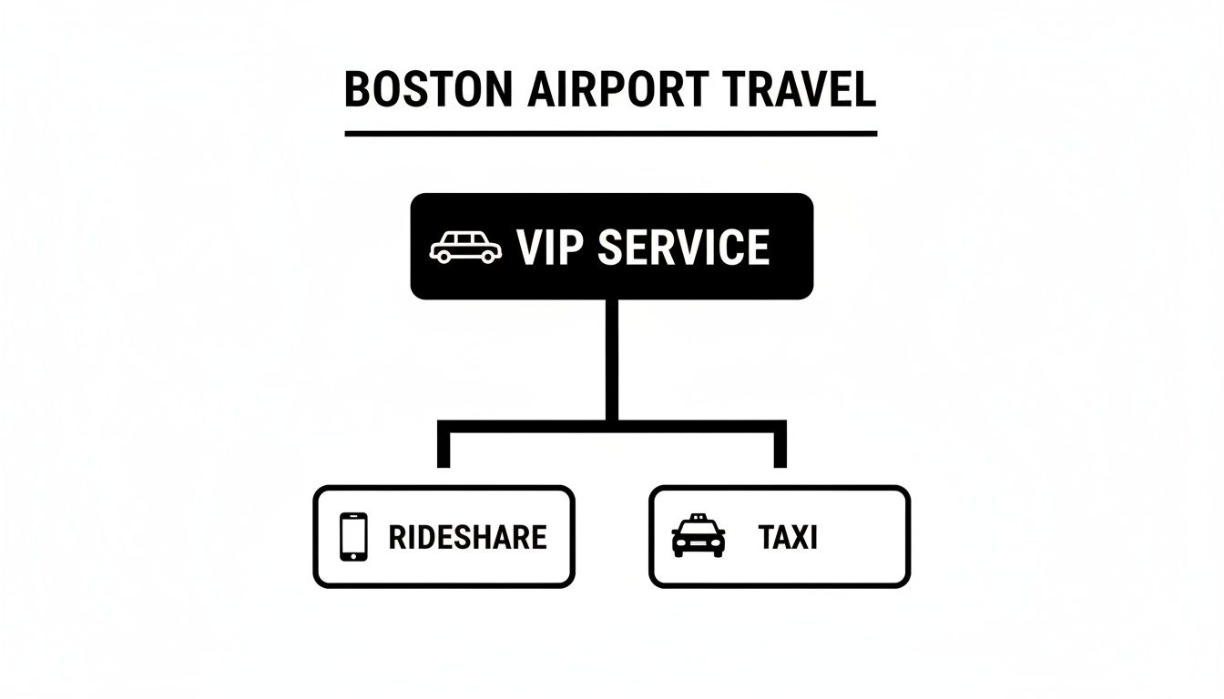 Diagram illustrating Boston Airport travel options: VIP service, rideshare, and taxi transportation.