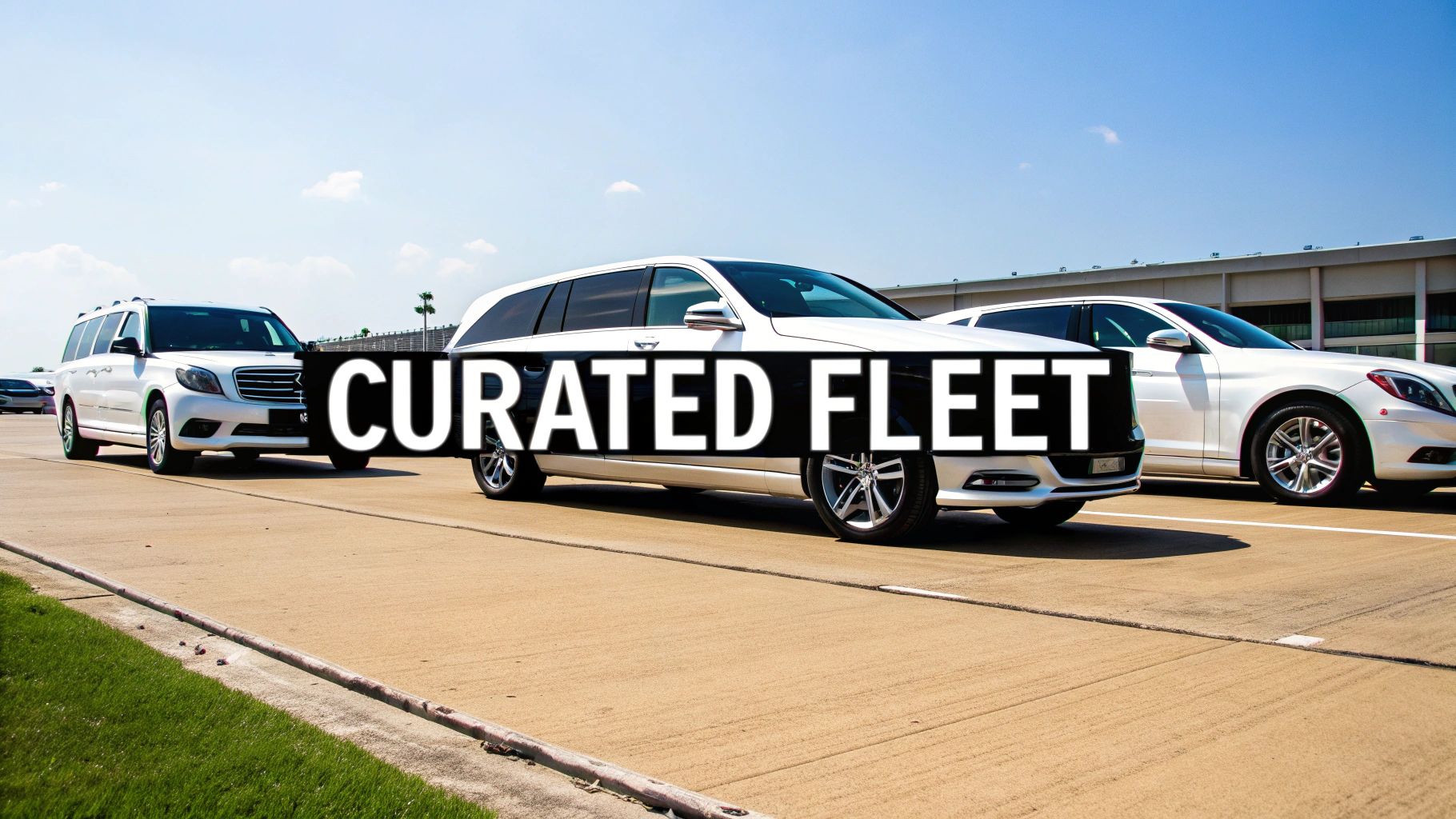 A curated fleet of white luxury cars, including SUVs and sedans, parked on an airport tarmac under a blue sky.