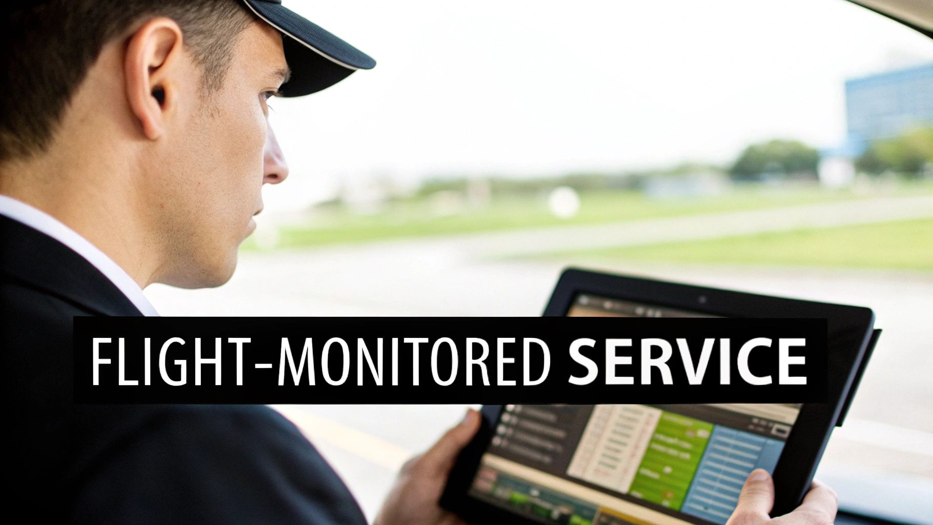A professional driver wearing a cap uses a tablet, providing flight-monitored car service for airport transfers.