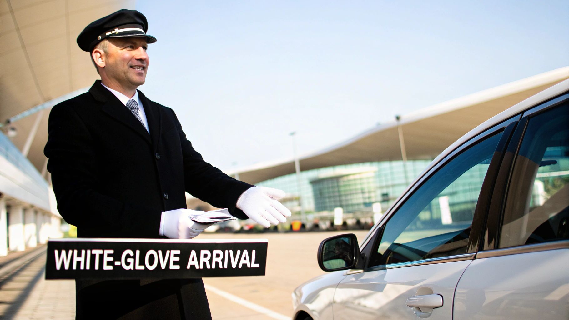 A smiling chauffeur in uniform and white gloves welcomes passengers to a white-glove arrival at an airport.