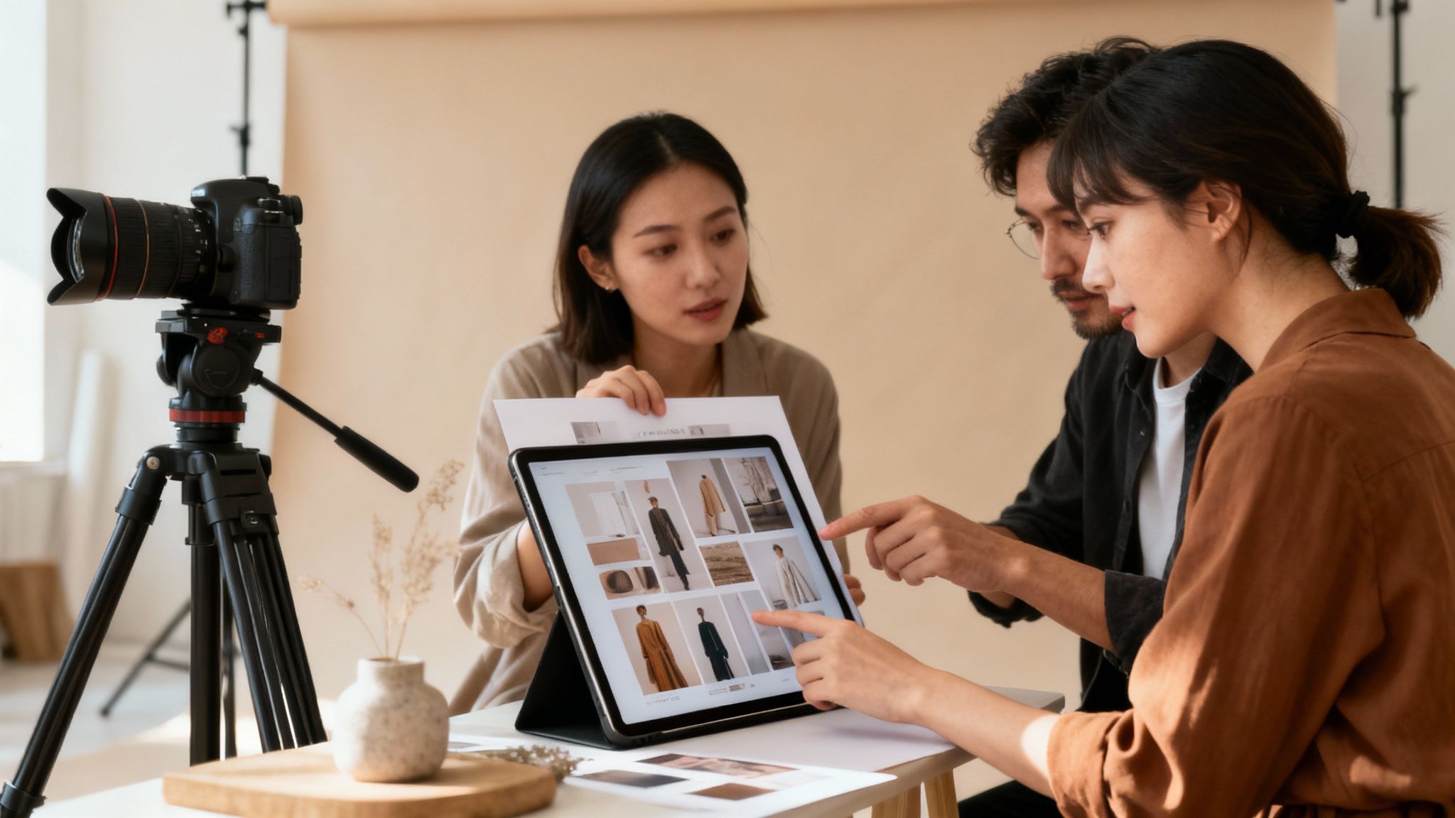 Three Asian individuals review fashion designs on a tablet during a professional photoshoot planning session.