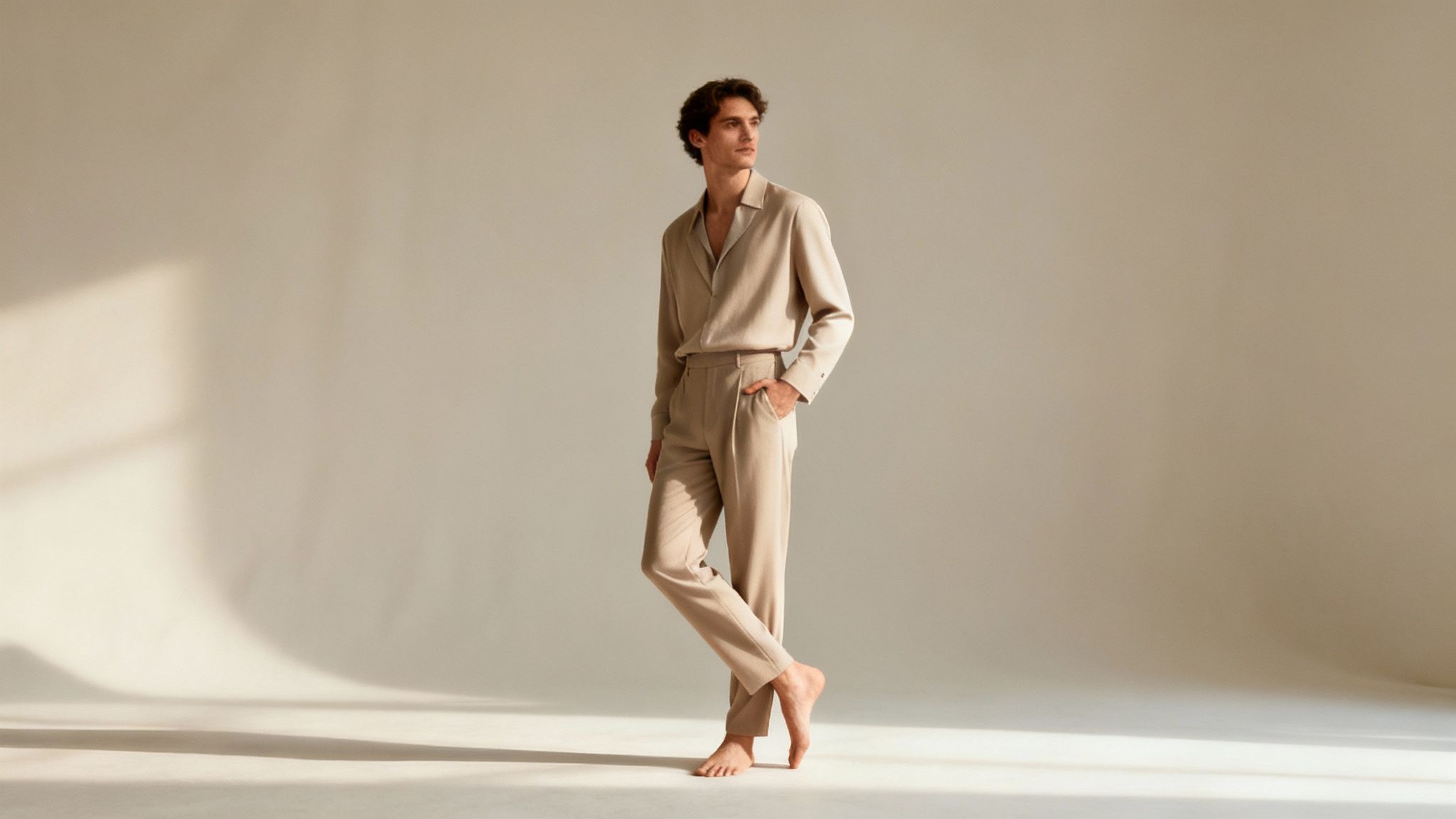 A stylish man in a beige linen suit stands barefoot, looking away, with his hand in his pocket.