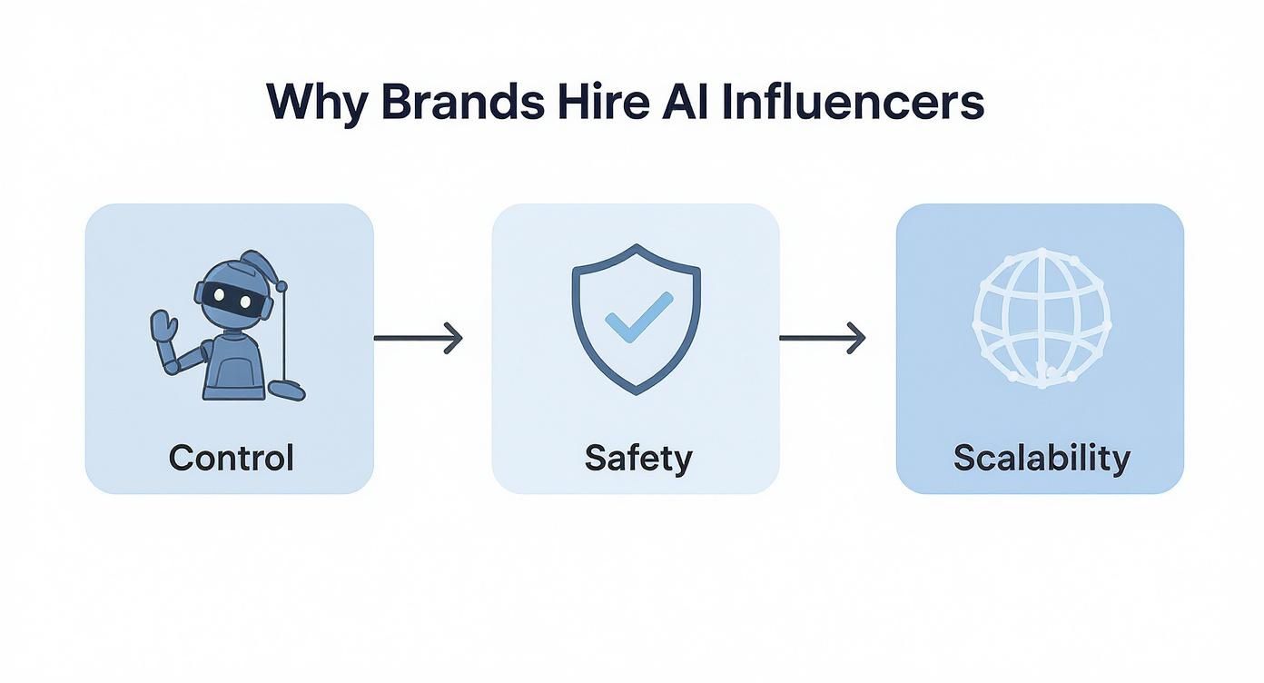 Flowchart explaining why brands hire AI influencers, highlighting control, safety, and scalability.