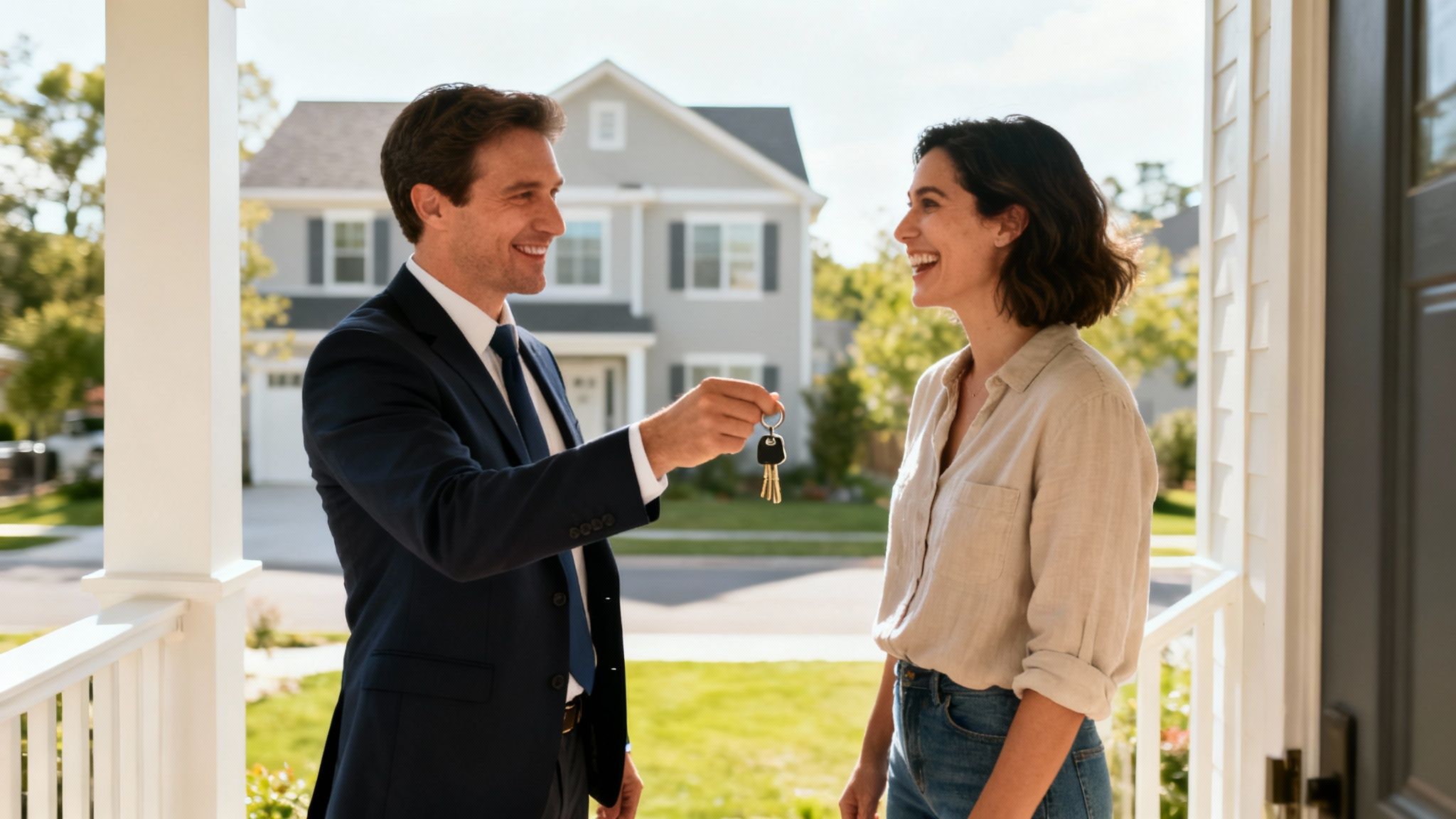 A smiling real estate agent hands house keys to a happy woman on a porch.