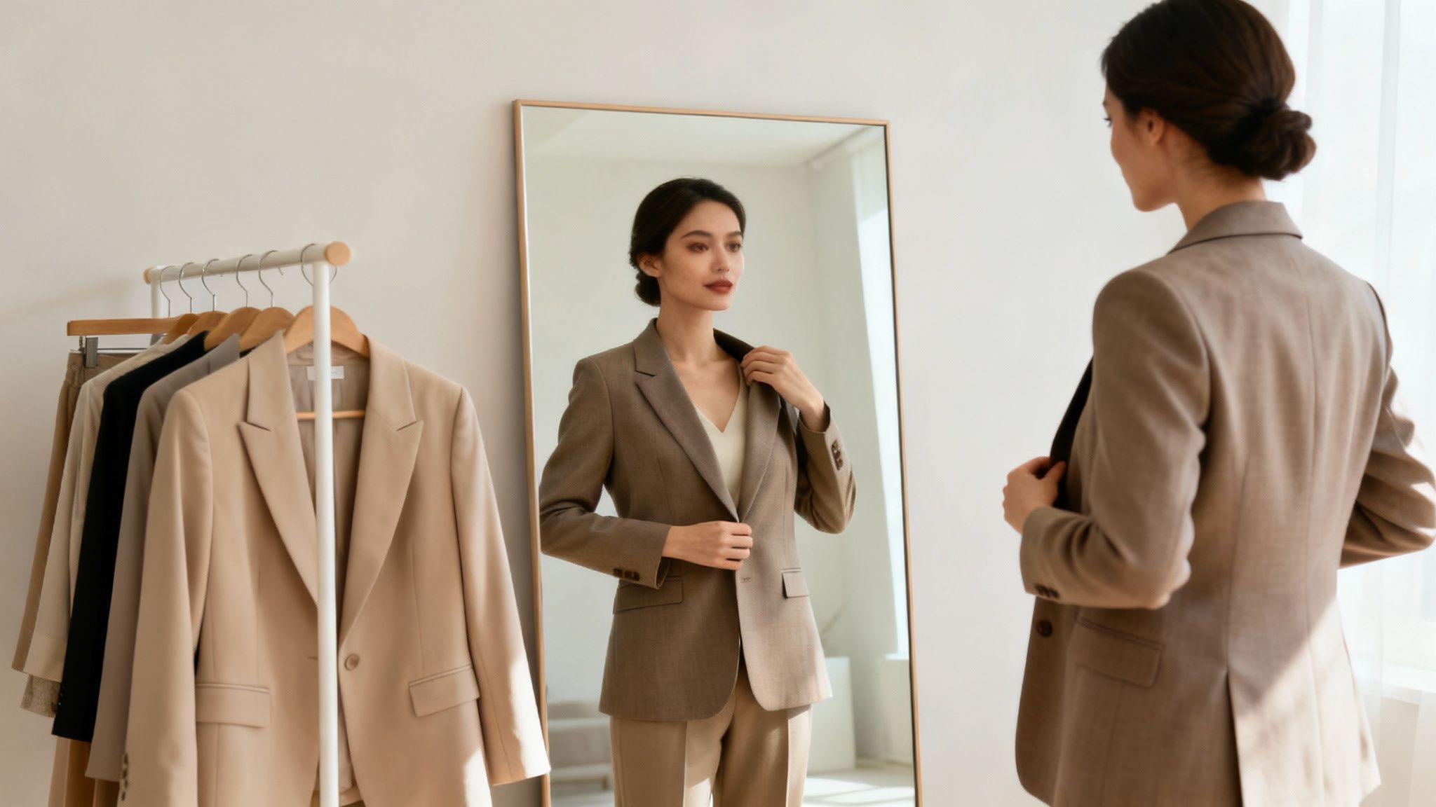 A stylish woman trying on a tailored brown blazer in front of a mirror with a clothing rack nearby.