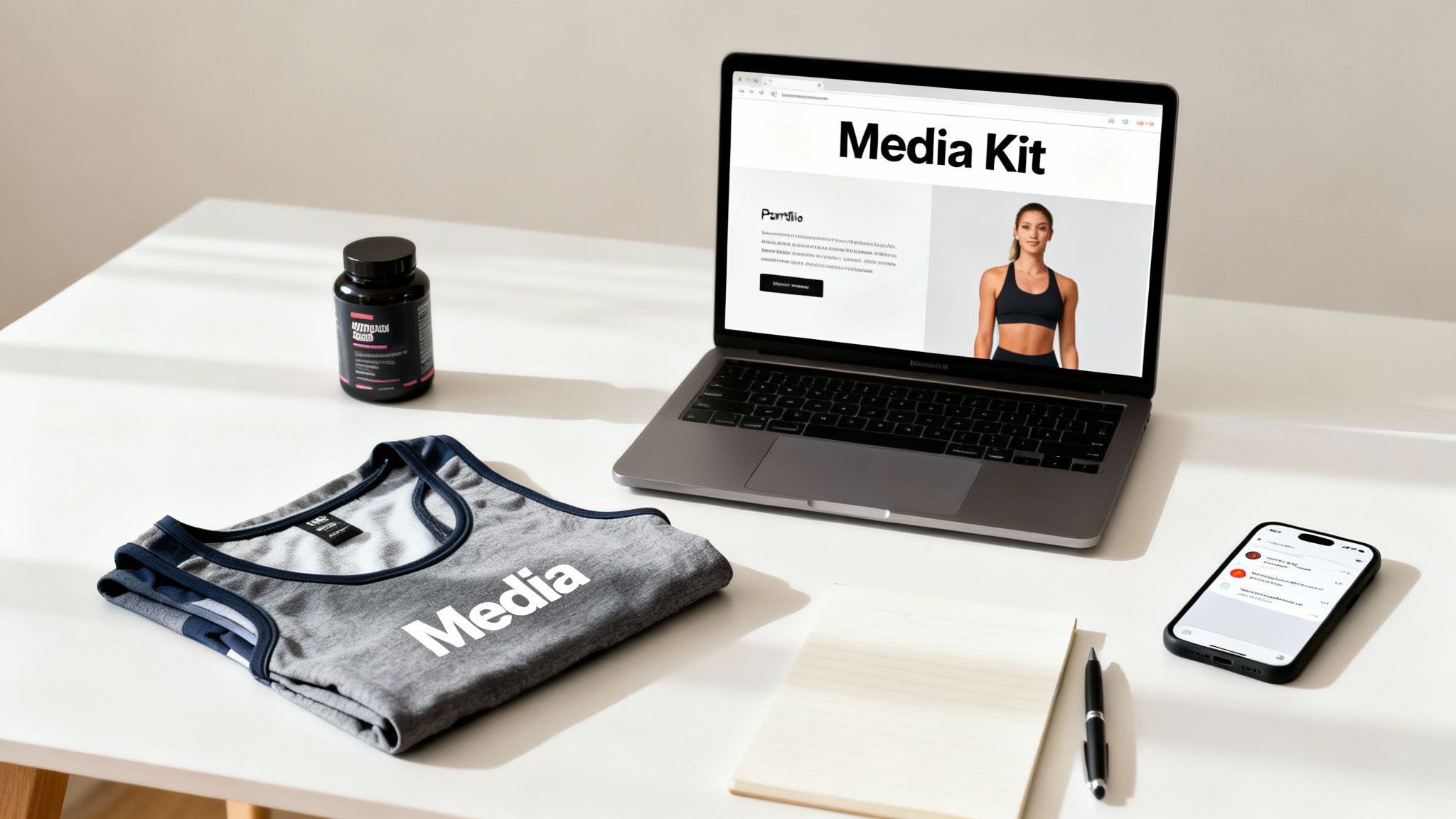 Workspace with a laptop displaying a fitness media kit, supplement bottle, and athletic wear.