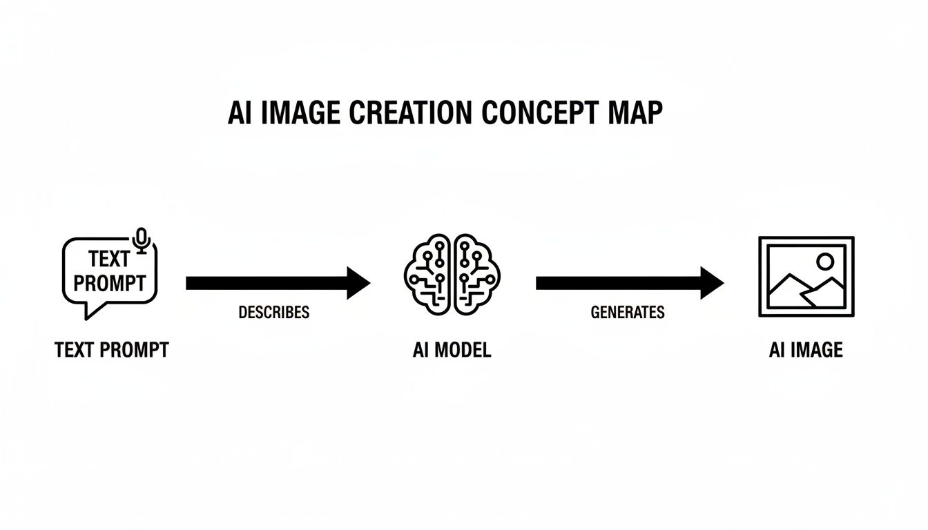 Concept map illustrating the AI image creation process: a text prompt feeds an AI model which generates an AI image.