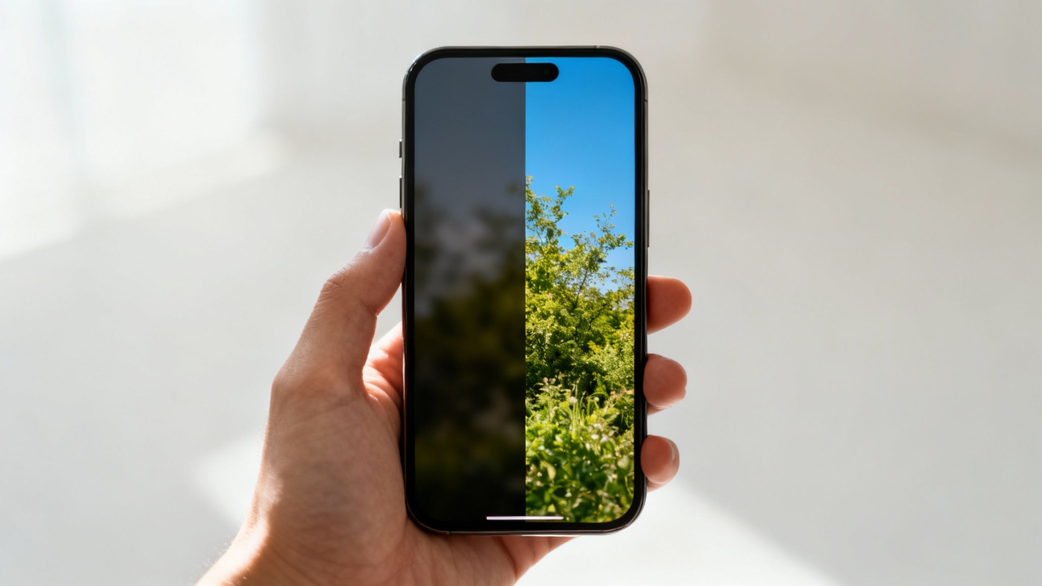 Hand holding a smartphone with a split screen, comparing a dim and bright nature scene.