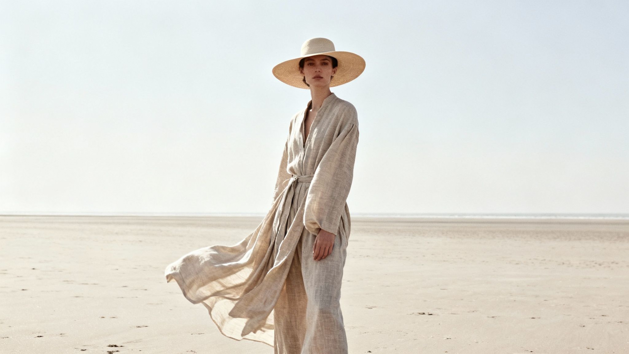 Woman in beige linen robe and wide-brimmed hat posing on sandy beach
