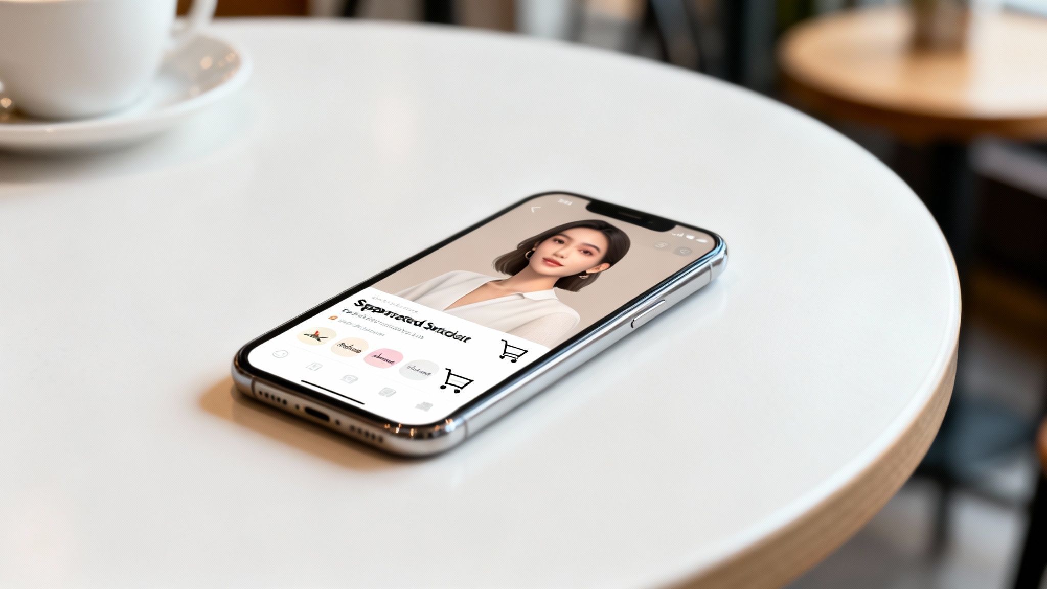 A smartphone displays an AI-generated influencer profile featuring a young woman and shopping cart icons on a white table.